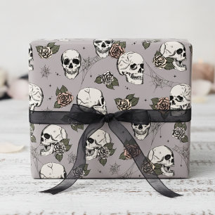 Spooky Taupe Gray Floral Small Skull Halloween Wrapping Paper