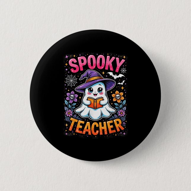 Spooky Teacher Cute Ghost Reading Book Funny Hallo Button (Front)