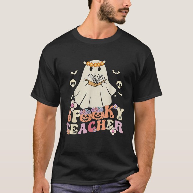 Spooky Teacher Groovy Retro Ghost Teacher Hallowee T-Shirt (Front)