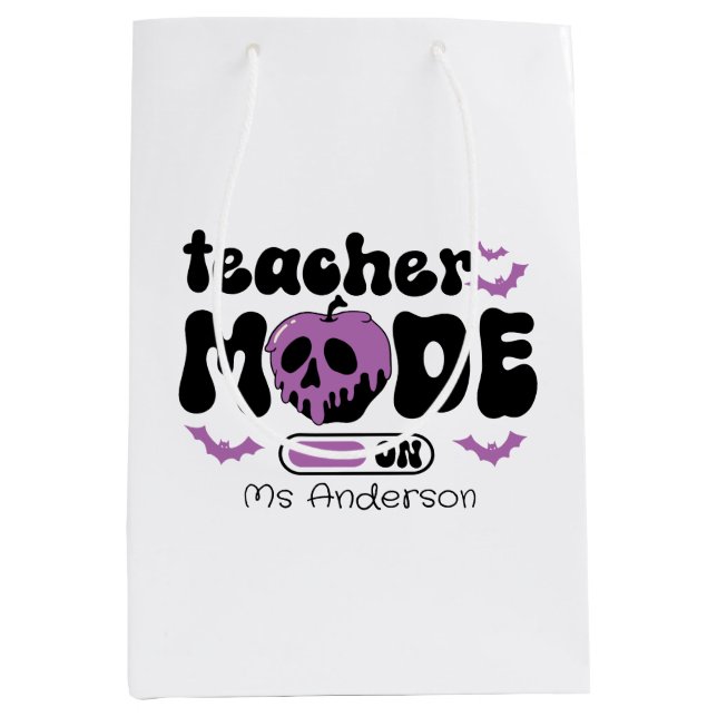 Spooky Teacher Halloween “Mode On” Apple & Bats Medium Gift Bag (Front)