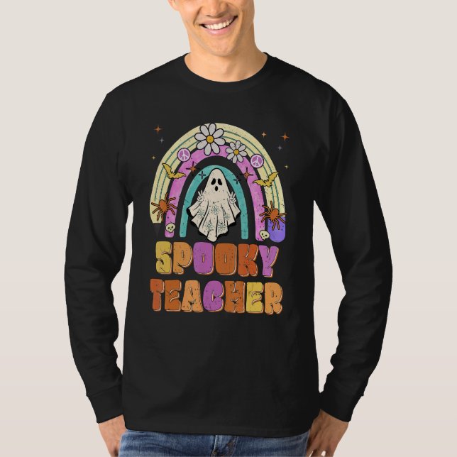 Spooky Teacher Retro Spooky Floral Ghost Hippie Ha T-Shirt (Front)