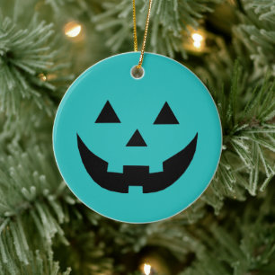 Spooky teal Jack o lantern pumpkin Halloween Ceramic Ornament