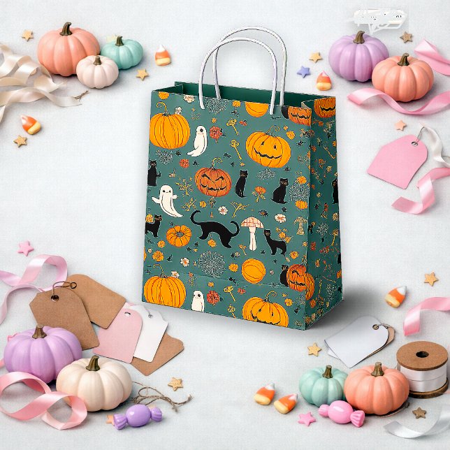 Spooky Teal Vintage Pumpkin Ghost Pattern Medium Gift Bag (Creator Uploaded)