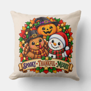 Spooky, Thankful, Merry Throw Pillow