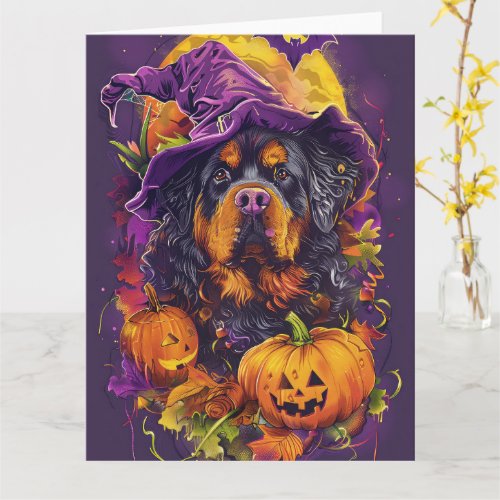 Spooky Tibetan Mastiff Dog Halloween Witch Pumpkin Card