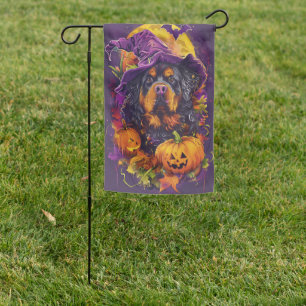 Spooky Tibetan Mastiff Dog Halloween Witch Pumpkin Garden Flag