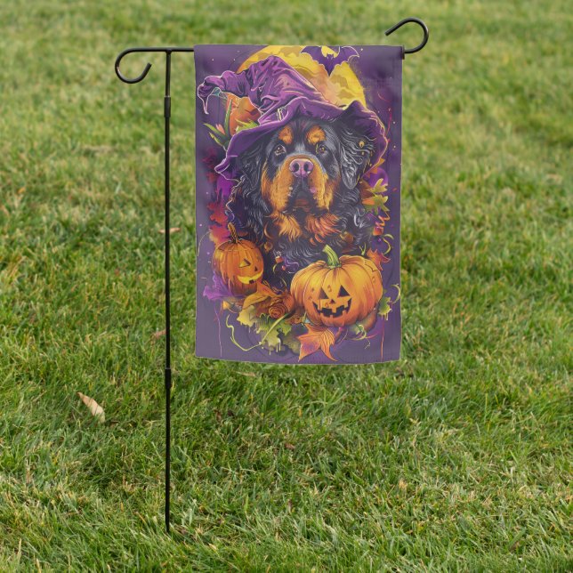 Spooky Tibetan Mastiff Dog Halloween Witch Pumpkin Garden Flag (In SItu)