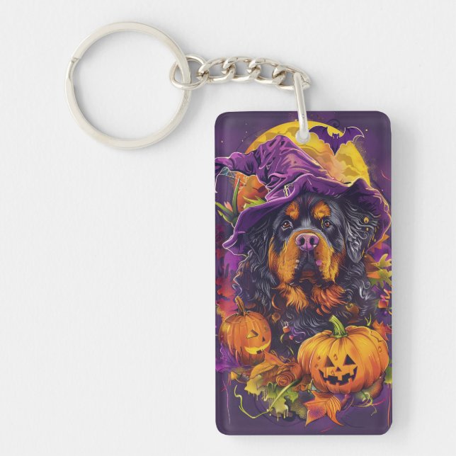 Spooky Tibetan Mastiff Dog Halloween Witch Pumpkin Keychain (Front)
