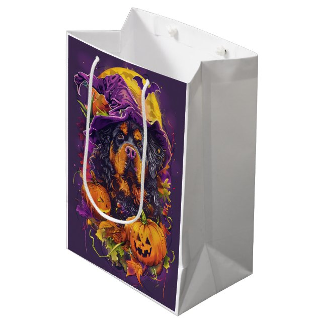 Spooky Tibetan Mastiff Dog Halloween Witch Pumpkin Medium Gift Bag (Front Angled)