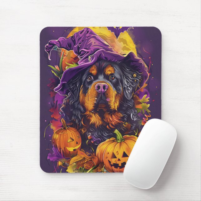 Spooky Tibetan Mastiff Dog Halloween Witch Pumpkin Mouse Pad (With Mouse)