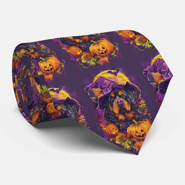 Spooky Tibetan Mastiff Dog Halloween Witch Pumpkin Neck Tie (Rolled)