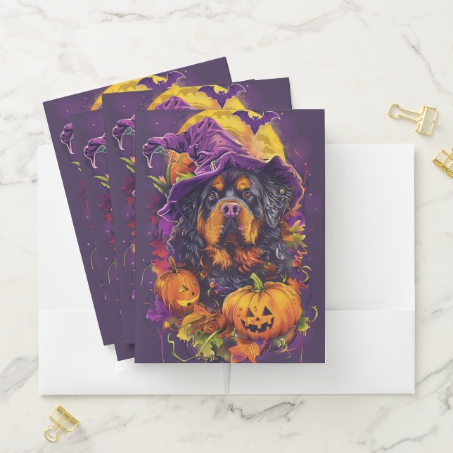 Spooky Tibetan Mastiff Dog Halloween Witch Pumpkin Pocket Folder (In Situ)