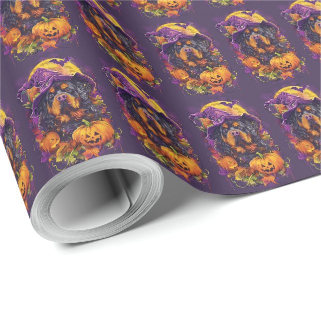 Spooky Tibetan Mastiff Dog Halloween Witch Pumpkin Wrapping Paper (Roll Corner)
