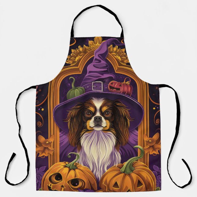 Spooky Tibetan Spaniel Dog Halloween Witch Pumpkin Apron (Front)