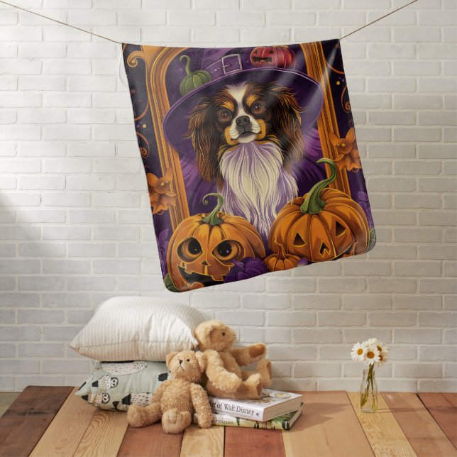 Spooky Tibetan Spaniel Dog Halloween Witch Pumpkin Baby Blanket (In Situ)