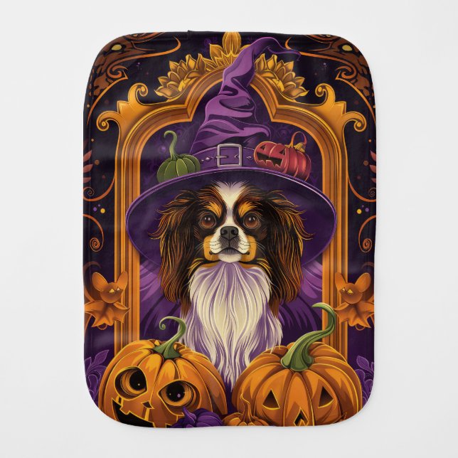 Spooky Tibetan Spaniel Dog Halloween Witch Pumpkin Baby Burp Cloth (Front)