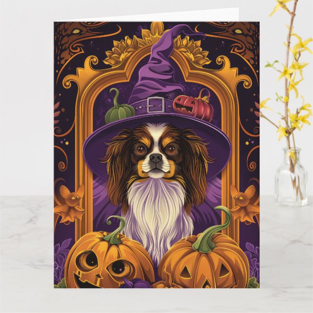 Spooky Tibetan Spaniel Dog Halloween Witch Pumpkin Card (Yellow Flower)