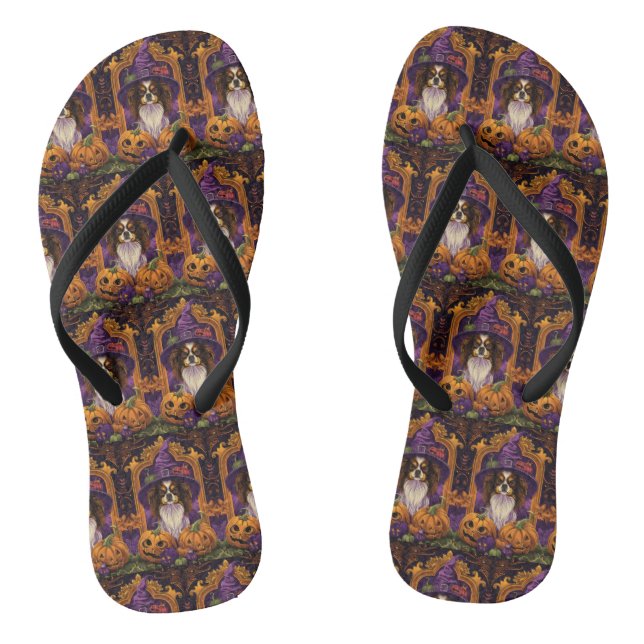 Spooky Tibetan Spaniel Dog Halloween Witch Pumpkin Flip Flops (Footbed)