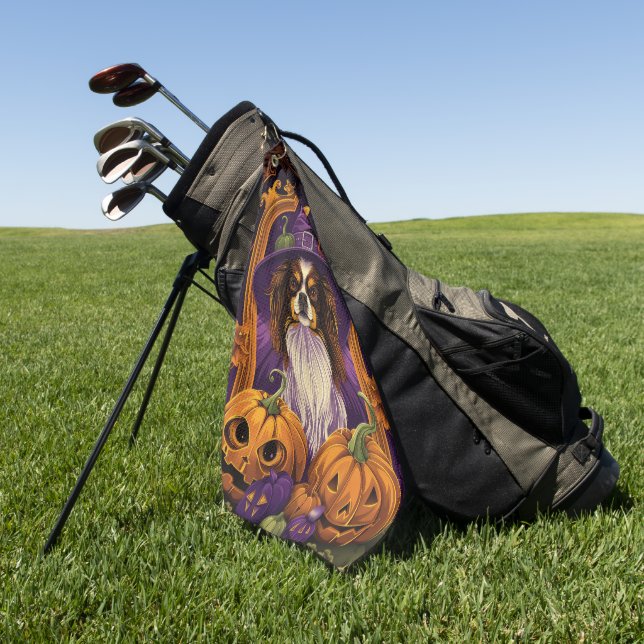 Spooky Tibetan Spaniel Dog Halloween Witch Pumpkin Golf Towel (Green)