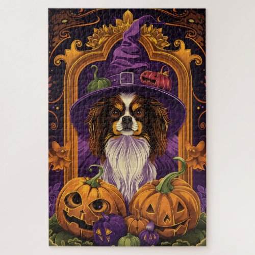 Spooky Tibetan Spaniel Dog Halloween Witch Pumpkin Jigsaw Puzzle