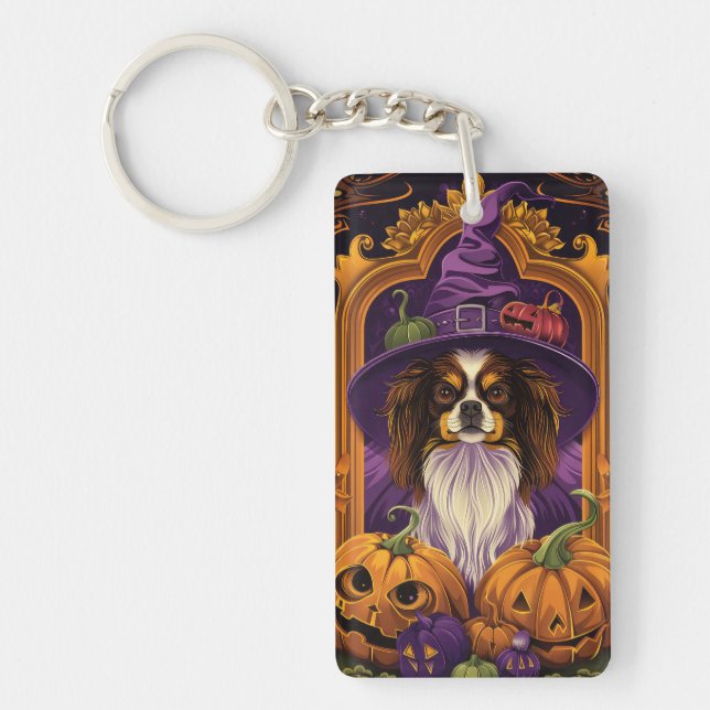 Spooky Tibetan Spaniel Dog Halloween Witch Pumpkin Keychain (Front)