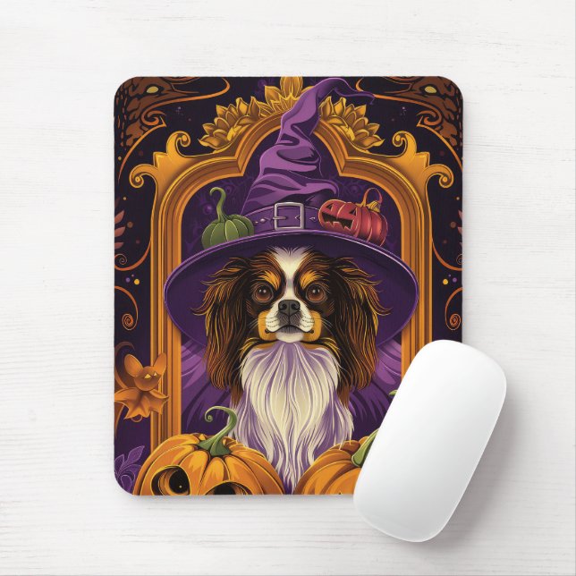 Spooky Tibetan Spaniel Dog Halloween Witch Pumpkin Mouse Pad (With Mouse)