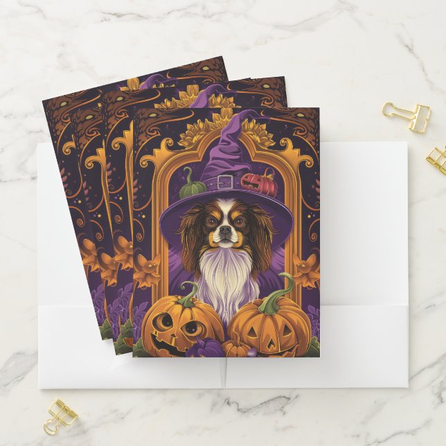Spooky Tibetan Spaniel Dog Halloween Witch Pumpkin Pocket Folder (In Situ)