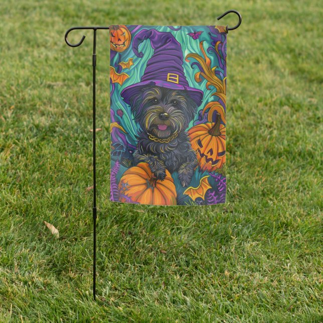Spooky Tibetan Terrier Dog Halloween Witch Pumpkin Garden Flag (In SItu)