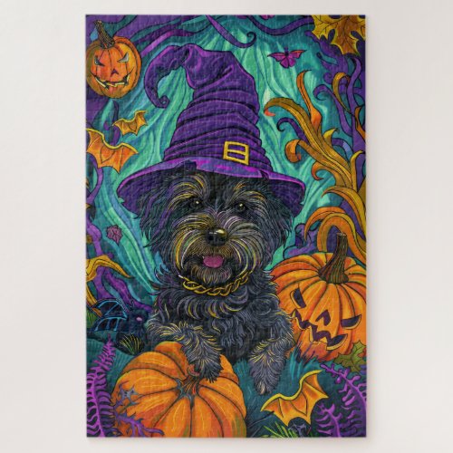 Spooky Tibetan Terrier Dog Halloween Witch Pumpkin Jigsaw Puzzle