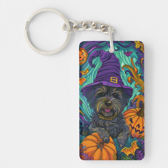 Spooky Tibetan Terrier Dog Halloween Witch Pumpkin Keychain (Front)