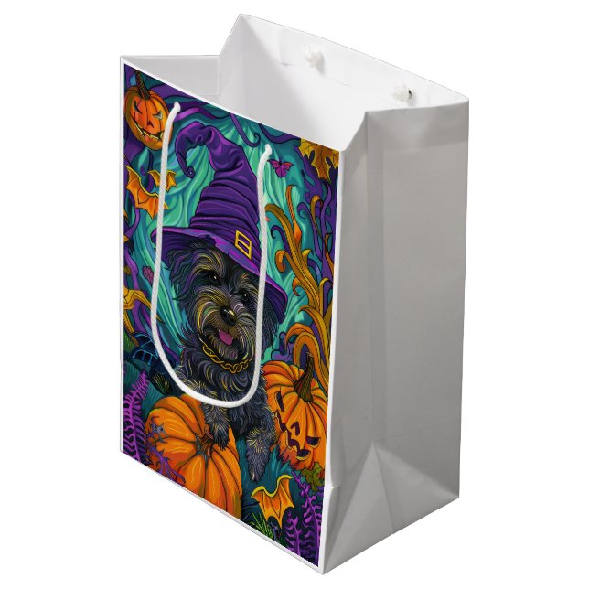 Spooky Tibetan Terrier Dog Halloween Witch Pumpkin Medium Gift Bag (Front Angled)
