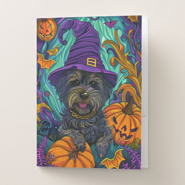 Spooky Tibetan Terrier Dog Halloween Witch Pumpkin Pocket Folder (Front)
