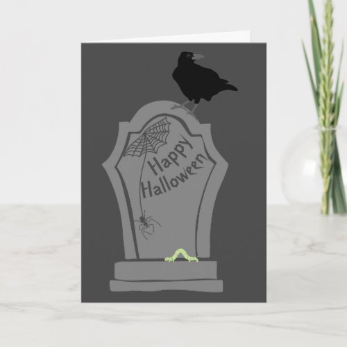 Spooky Tombstone and Black Crow Happy Halloween Card
