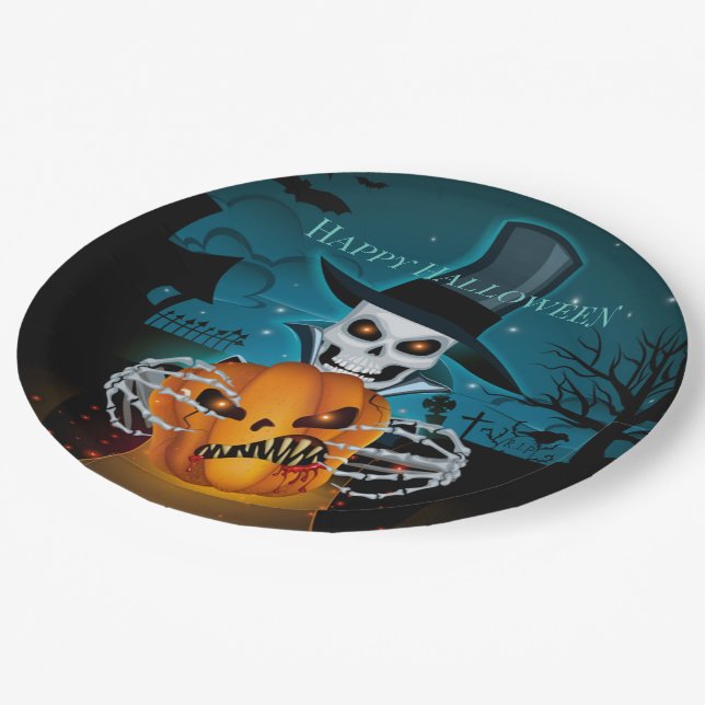 Spooky Top Hat Skeleton Paper Plates (Angled)