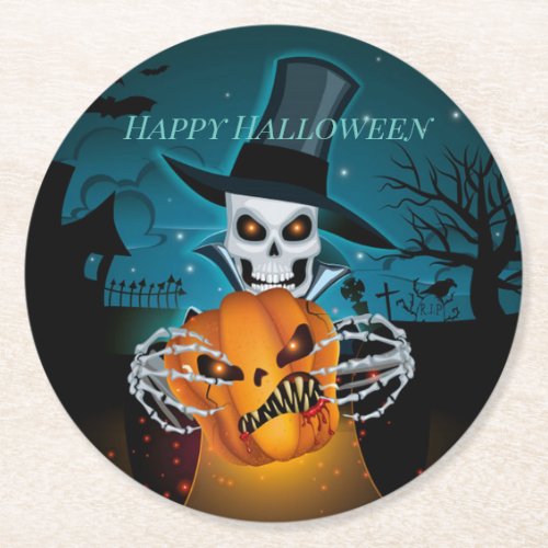 Spooky Top Hat Skeleton Round Paper Coaster