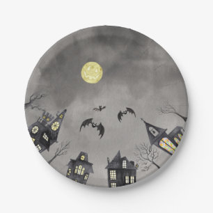 Spooky town watercolour Halloween Paper Plate