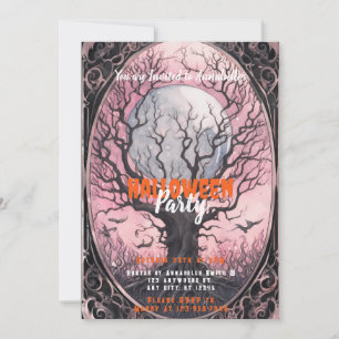 Spooky Tree Full Moon Pink Sky Halloween Party Invitation