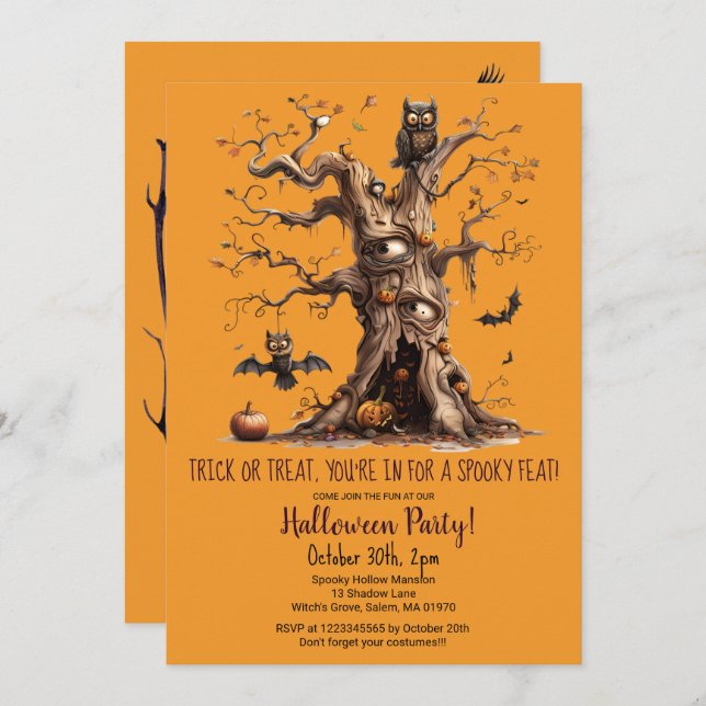 Spooky Tree Owl Bats Pumpkins Halloween Party  Invitation (Front/Back)