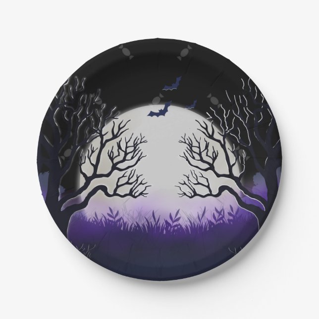 Spooky Tree Purple & Black Full Moon Bat Halloween Paper Plates (Front)