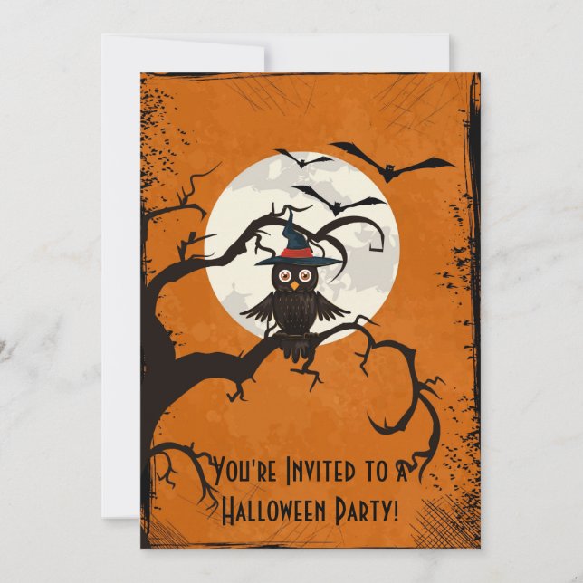 Spooky Trees Owl Full Moon Halloween Invitation (Front)