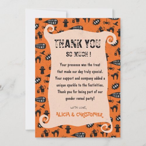 Spooky trick and treat Halloween gender reveal  Thank You Card