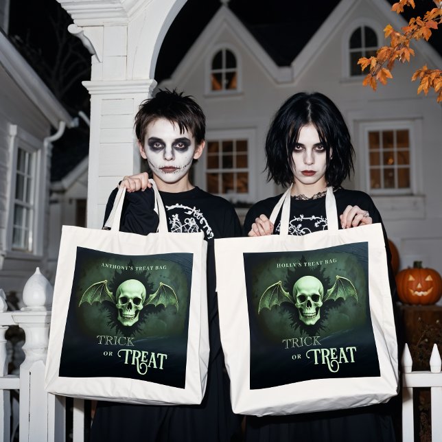 Spooky Trick or Treat Skull with Bat Wings Tote Bag (Spooky Trick or Treat Skull with Bat Wings with Name's Treat Tote Bags.)