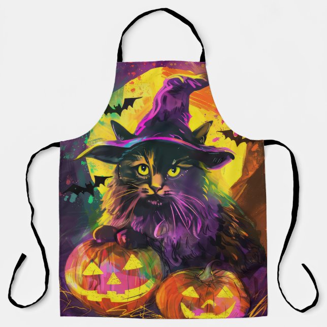 Spooky Turkish Angora Cat Halloween Witch Pumpkin Apron (Front)
