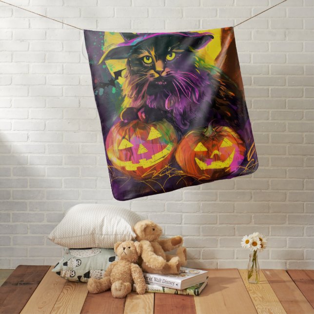 Spooky Turkish Angora Cat Halloween Witch Pumpkin Baby Blanket (In Situ)
