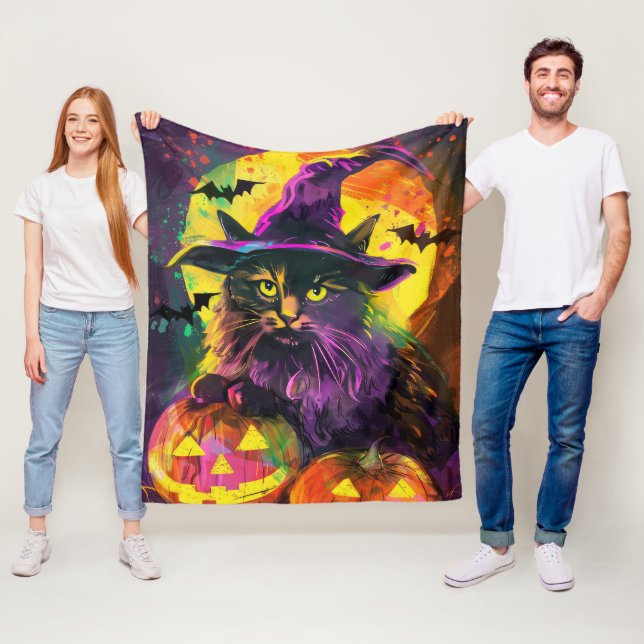 Spooky Turkish Angora Cat Halloween Witch Pumpkin Fleece Blanket (In Situ)