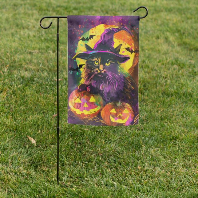 Spooky Turkish Angora Cat Halloween Witch Pumpkin Garden Flag (In SItu)