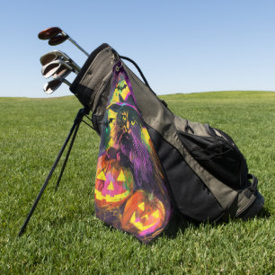 Spooky Turkish Angora Cat Halloween Witch Pumpkin Golf Towel