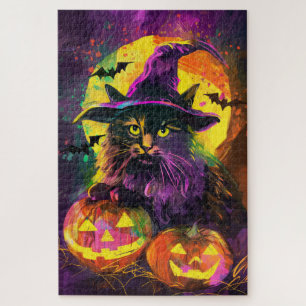 Spooky Turkish Angora Cat Halloween Witch Pumpkin Jigsaw Puzzle