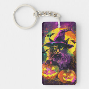 Spooky Turkish Angora Cat Halloween Witch Pumpkin Keychain