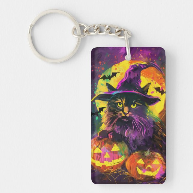 Spooky Turkish Angora Cat Halloween Witch Pumpkin Keychain (Front)